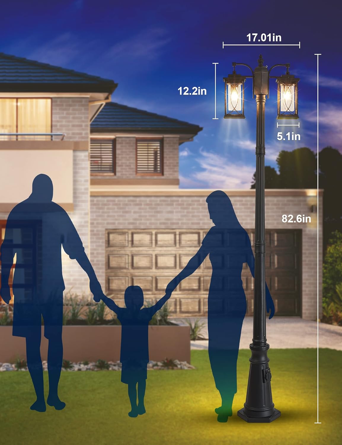 Dusk to Dawn Outdoor Lamp Post Light Modern 2-Head Street Pole Light Fixtures with Outlet, Waterproof Black Outside Street Light Electric Lantern for Backyard, Garden Patio Driveway