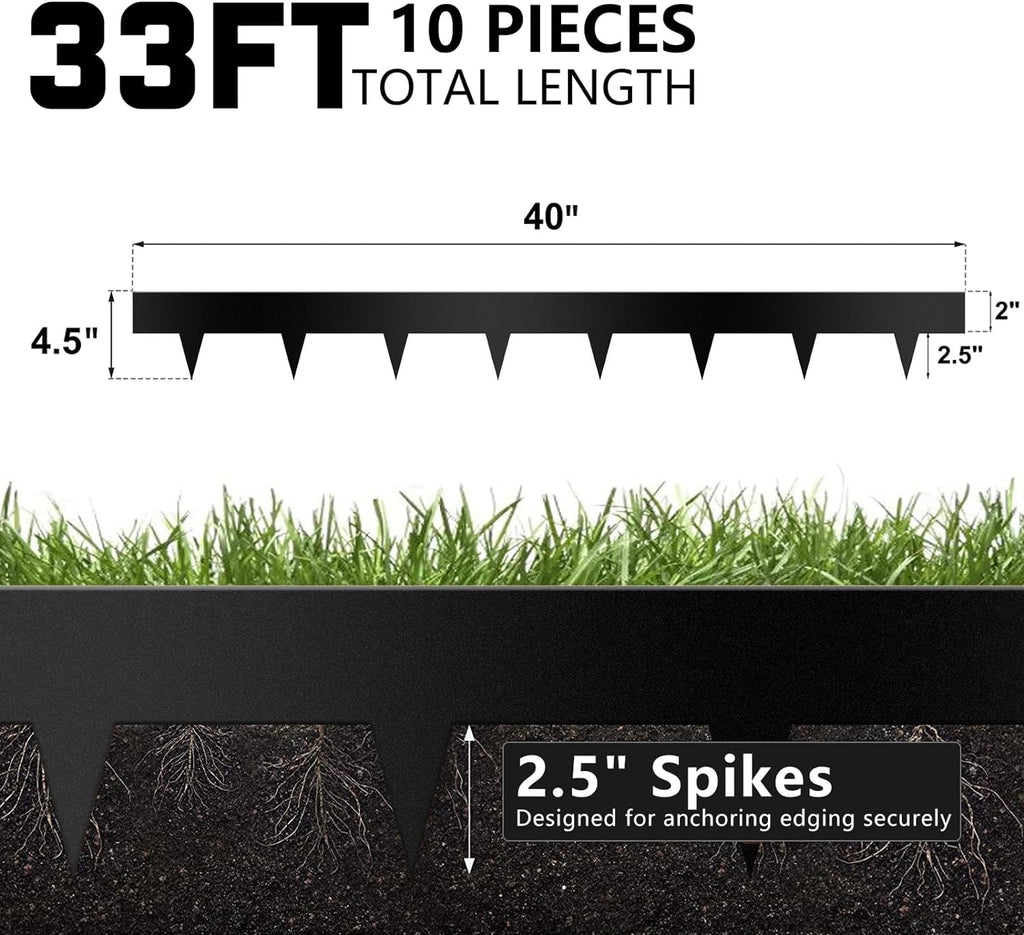 Worth Garden 10-Pack Galvanized Steel Landscape Lawn Edging - 4.5in H Black Powder Coated Bendable Metal Strips - Hammer-in Edging Border w/ 11 Clips - Yard Pathway Divider (33Ft Total)