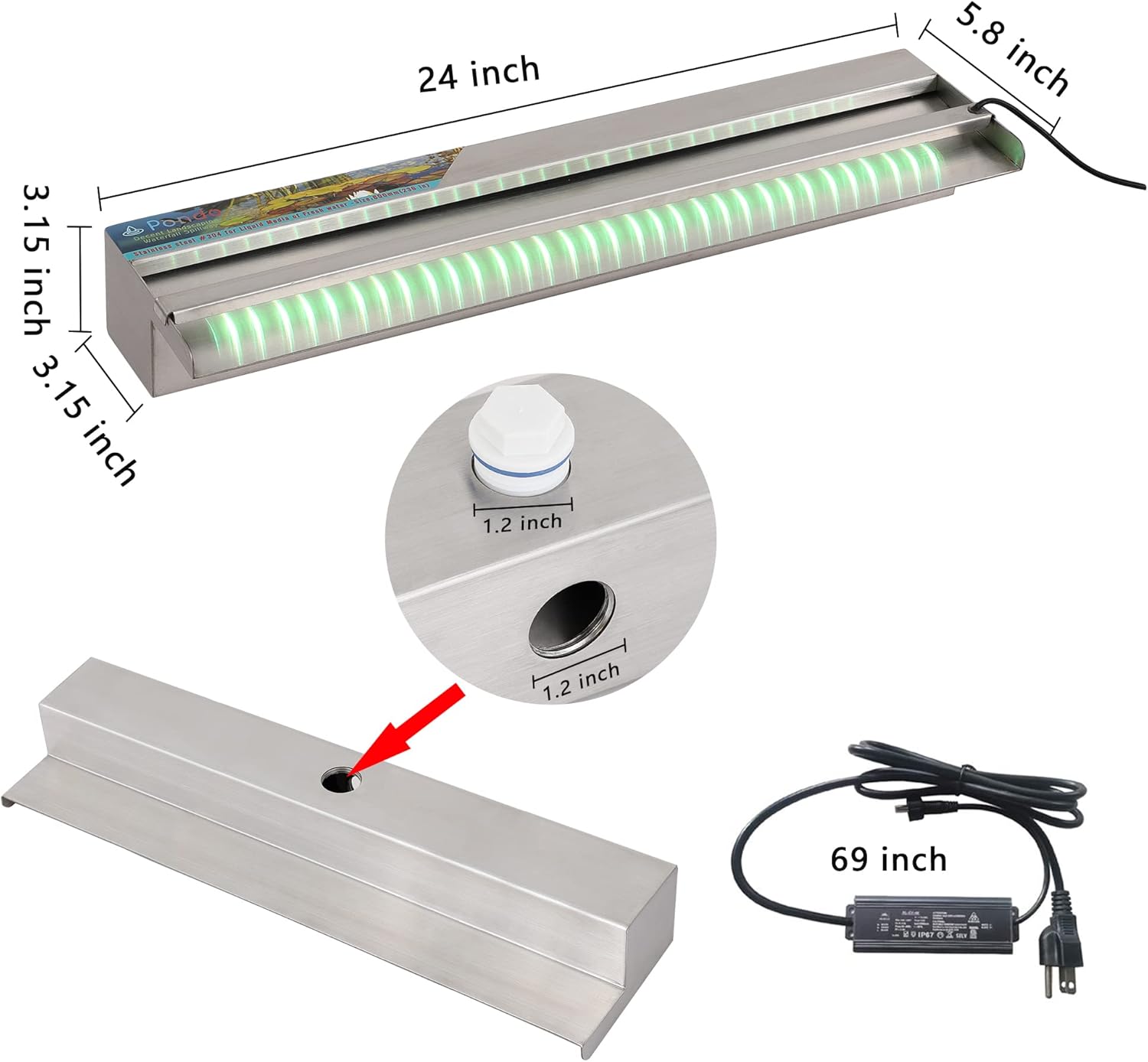 YUDA 24'' Stainless Steel Waterfall Pool Fountain with SMD LED 7 Color Changing and Remote, Lighted Waterfall Spillway for Sheer Descent Garden Outdoor