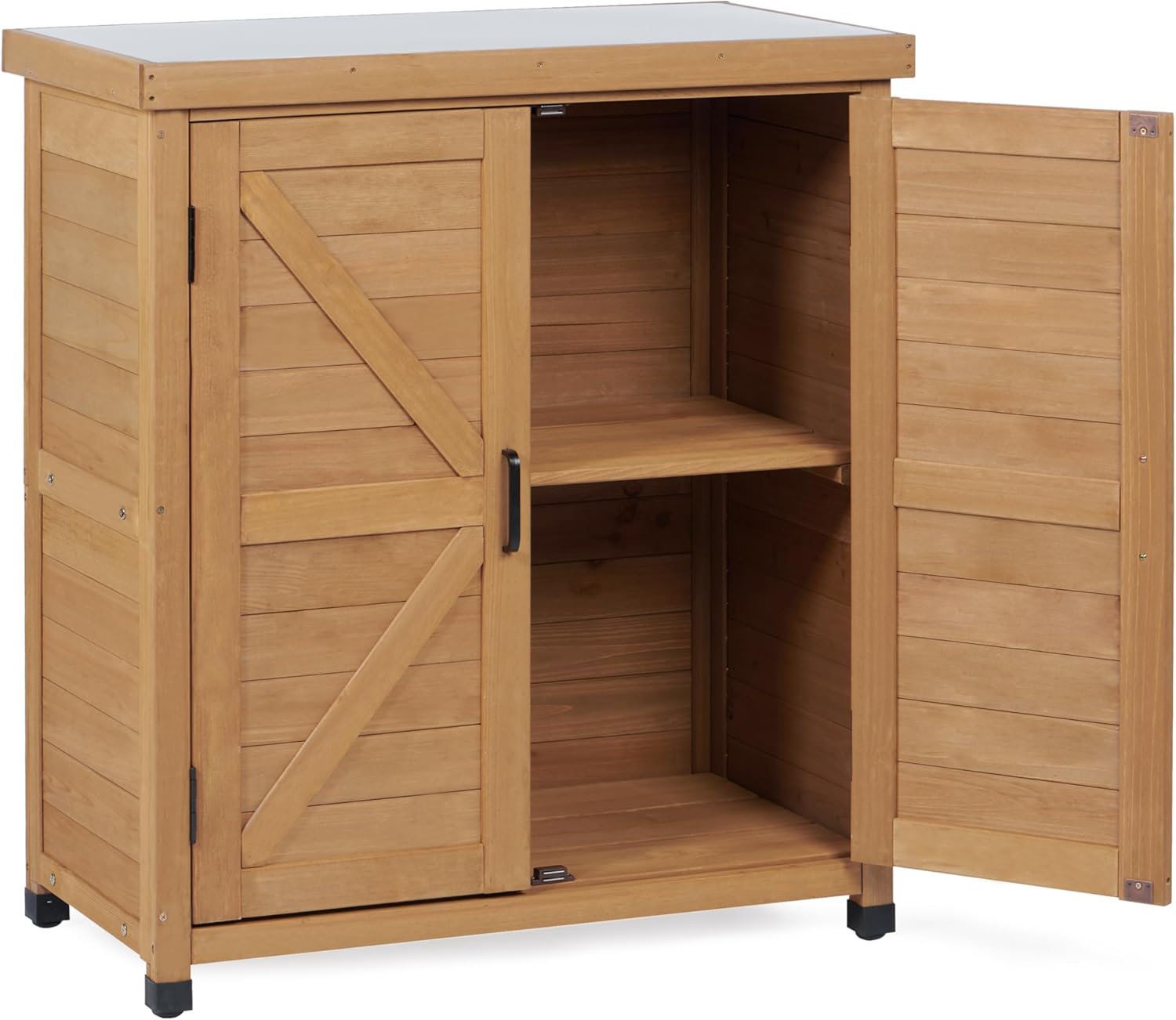 Potting Bench with Storage Cabinet and Metal Table Top for Outdoor Patio, Garden Furniture Wood Workstation