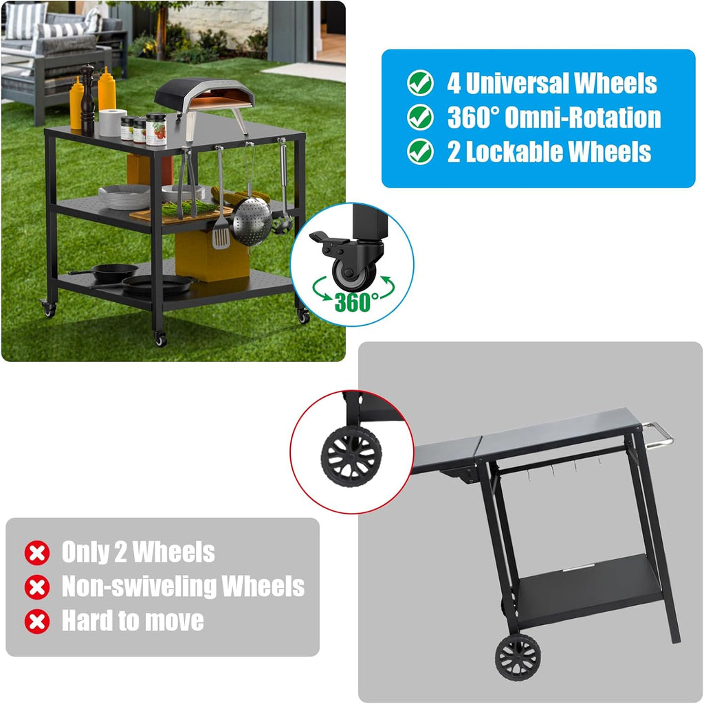 31x31x33 Inch Grill Cart for Outdoor Pizza Oven Table for Ooni, Blackstone, Ninja Grill Stand, Three-Shelf Movable Food Prep and Work Cart Station, Stainless Steel Trolley Table with Waterproof Cover