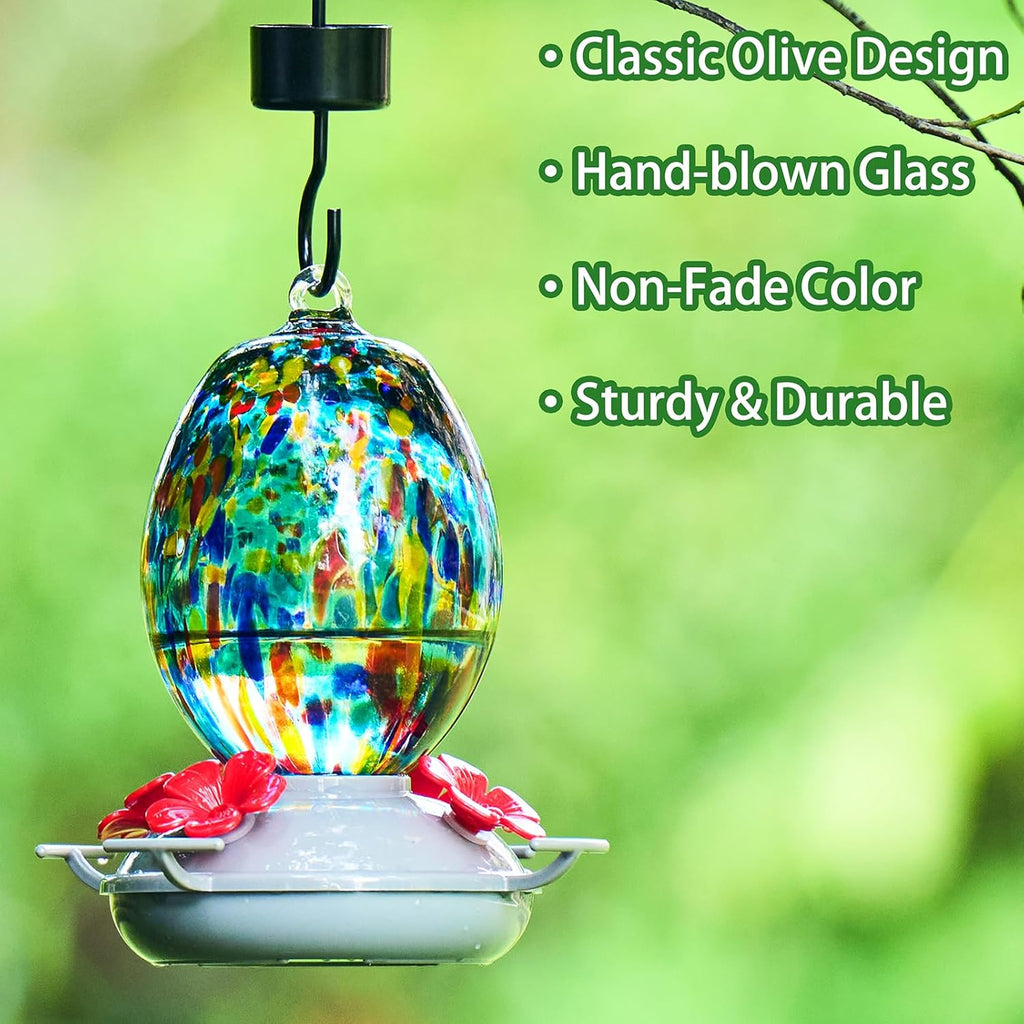 Muse Garden Hand Blown Glass Hummingbird Feeder - 19OZ Plastic Base Humming Bird Feeders for Outdoors Hanging, Garden Decor Gifts for Bird Lovers, Blue Polka Dots