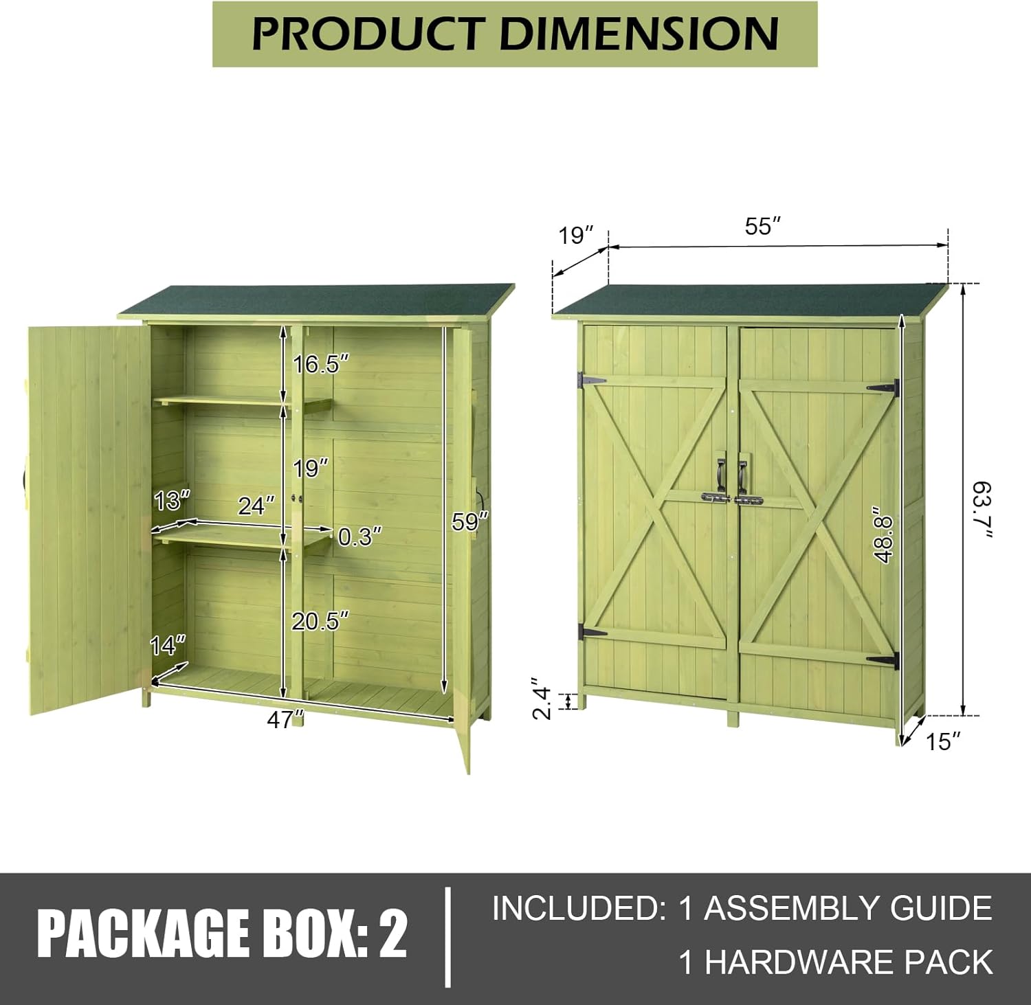 Outvita Outdoor Storage Cabinet with Waterproof Roof, Double Lockable Doors Garden Shed with 2 Removable Shelves, Wooden Storage Shed with Large Storage Space for Yard Garge Patio Deck Porch（Green）