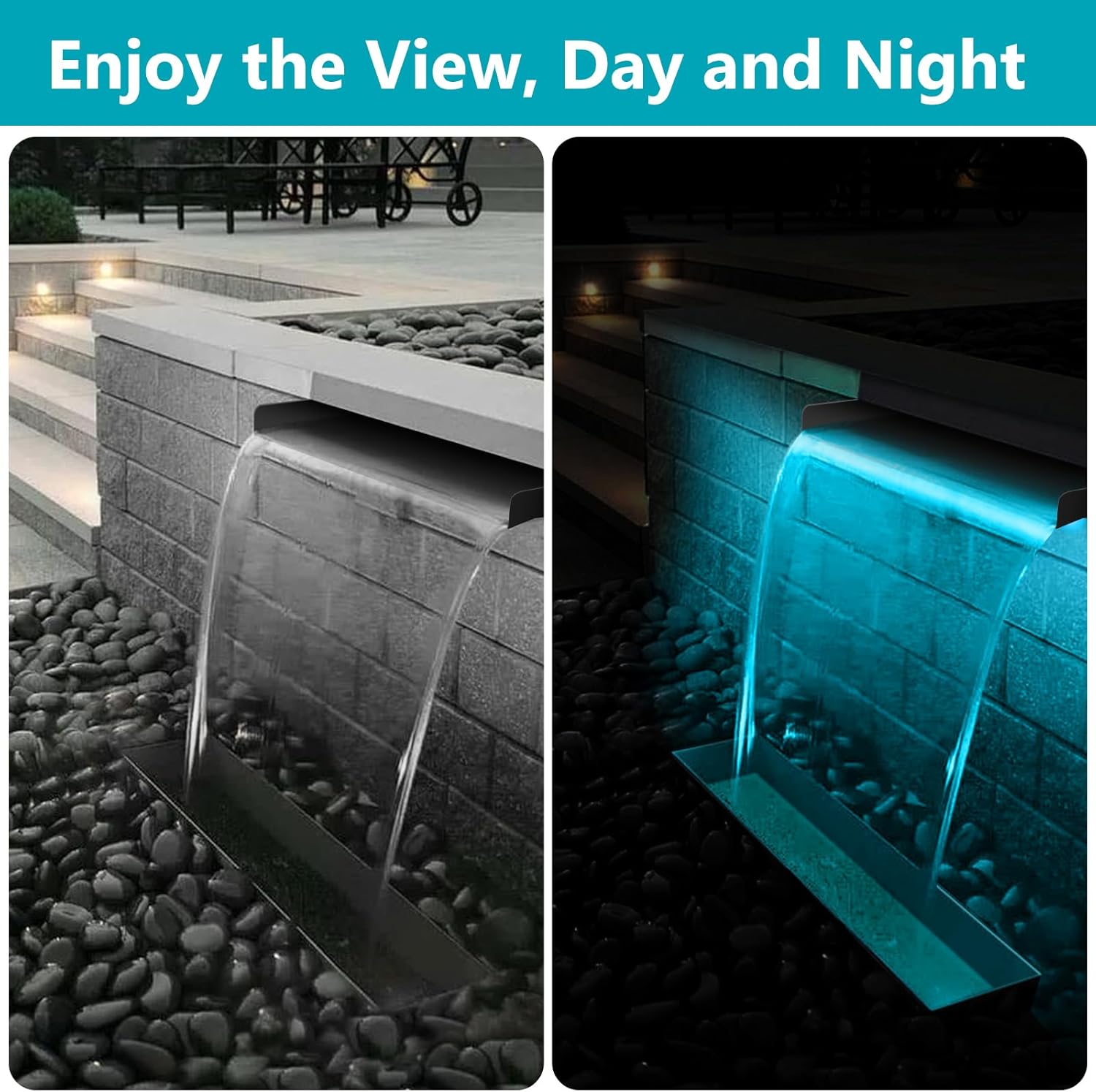 All-in-1 Pond Waterfall Kit with LED Lights, 12 inch Stainless Steel Spillway with 880GPH Water Pump, Outdoor Waterfall Fountain for Water Feature, Garden, Backyard, Pool