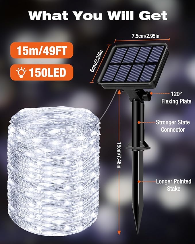 1 Pack Solar Fairy Lights for Outside Waterproof, 49FT/15M 150LED Solar String Lights Outdoor 8 Modes Solar Twinkle Lights for Garden Yard Christmas Tree Wedding Party Decor, Cool White