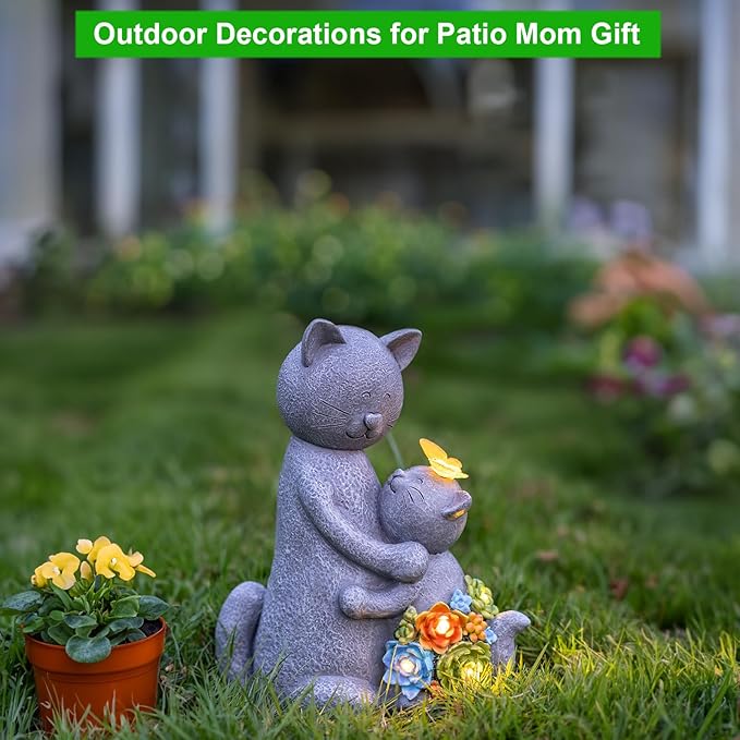 Solar Garden Statues Loving Cat Figurine Lights for Outside, Yard Decorations Outdoor, Garden Christmas Decor Unique Birthday Housewarming Gifts for Mom, Women