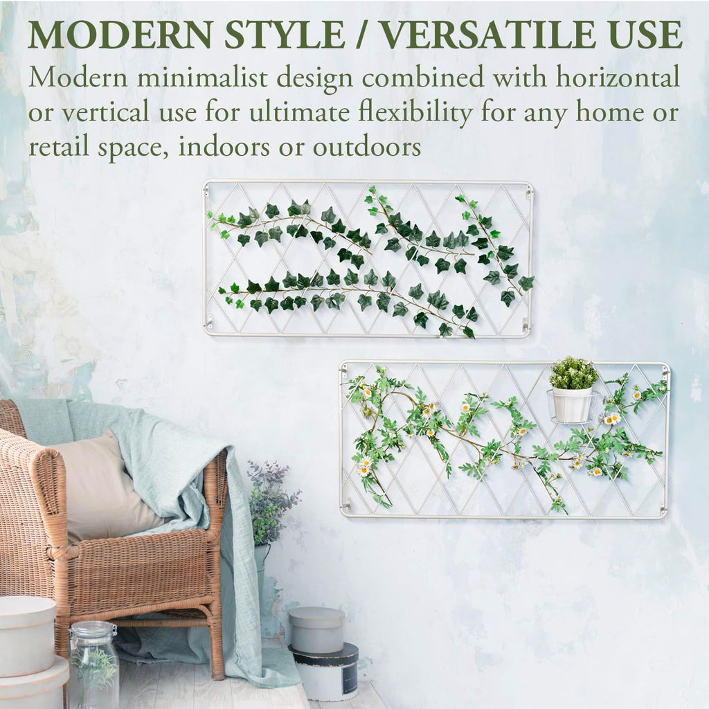 MyGift 50 by 24 Inch Wall Mounted Garden Trellis with White Metal Diamond Screen, Hanging Lattice Support Frame for Outdoor or Indoor Climbing Plant Vines, Set of 2 Panels