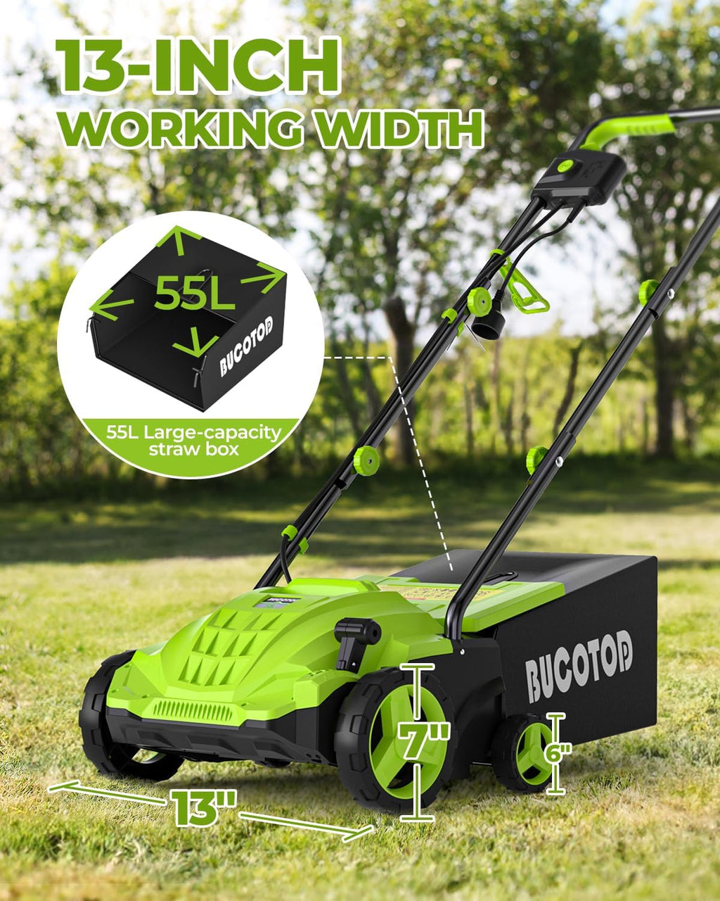 2-in-1 Electric Dethatcher and Scarifier, 13-Inch Raking & Scarifying, Turf Dethatcher & with 4-Position Height Adjustment, 14.5 gal Removable Thatch Bag for Lawn Health