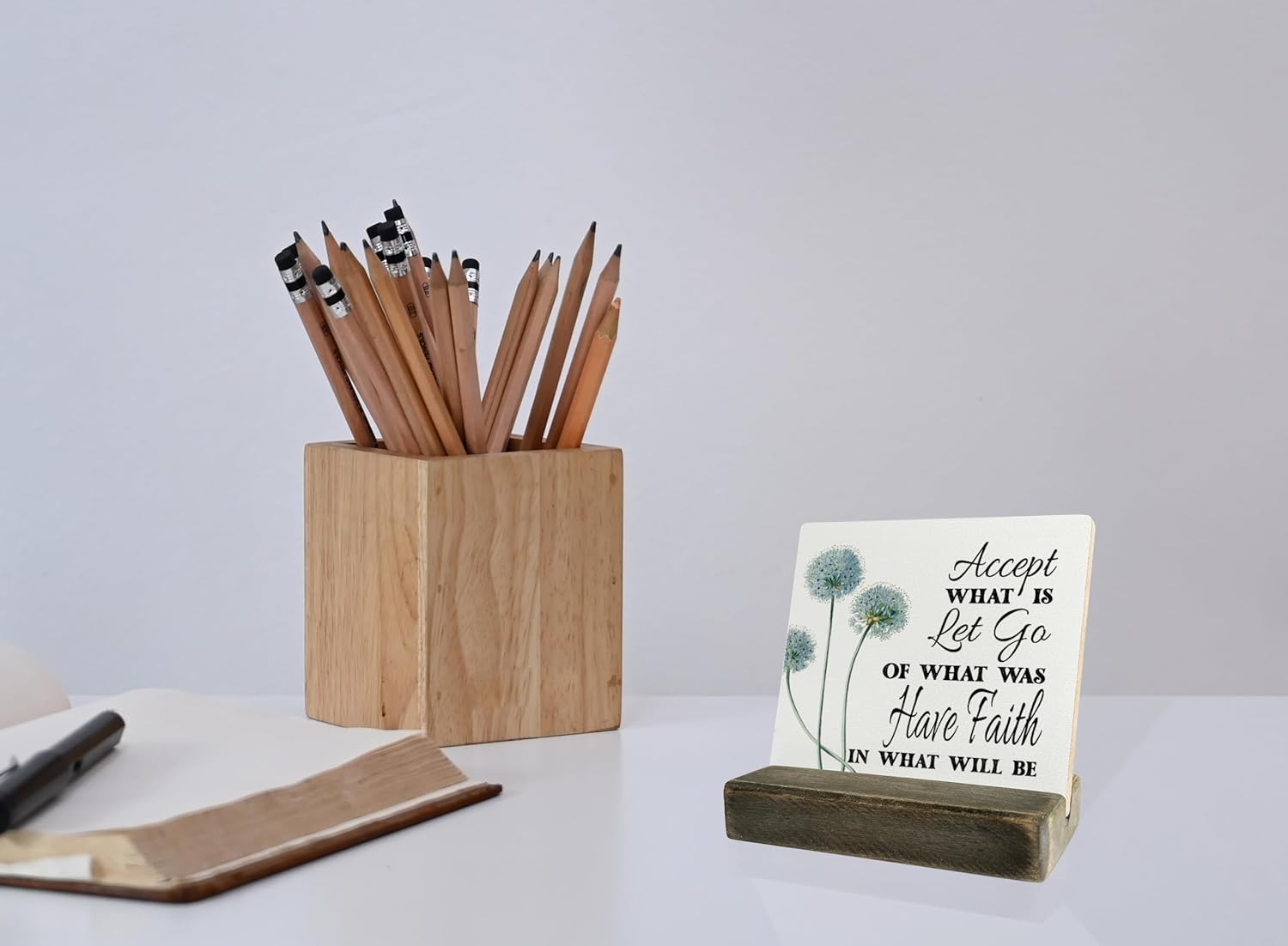 Primitive Wooden Sign, Accept What is Let Go of What Was Have Faith in What Will Be, Desk Plaque with Wooden Stand 4 x 4.3 inches, Inspirational Farmhouse Decor, Home Decor, Mindset Gifts, A