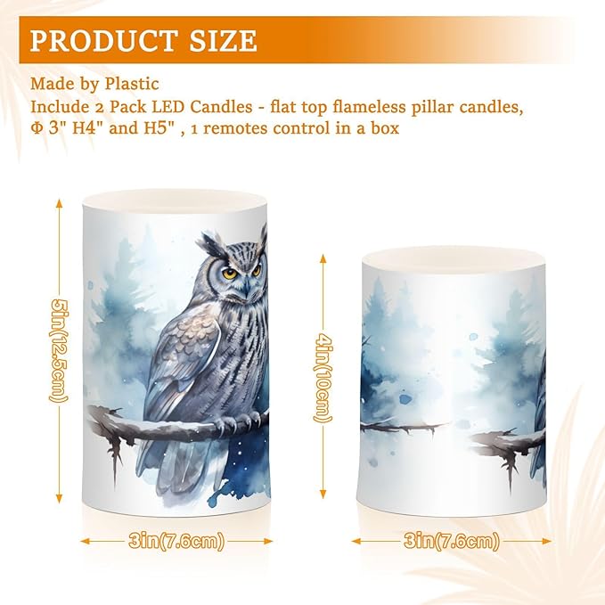 Flickering Flameless Candles, Owl on Tree LED Candles with Remote Timer, Set of 2 Battery Operated Candle for Valentine Wedding Birthday