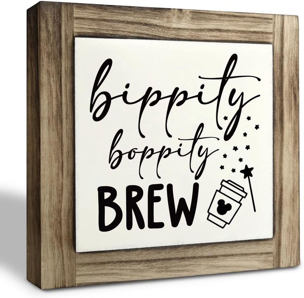 XJCUG Bippity Boppity Wood Plaque, Rustic Coffee Table Sign, Kitchen Home Decor, Tabletop Decor, Coffee Lover Gift, Disney Lover Gift 5.9x5.9in