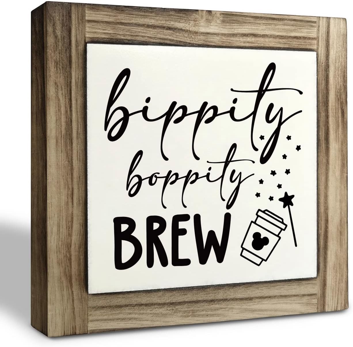 XJCUG Bippity Boppity Wood Plaque, Rustic Coffee Table Sign, Kitchen Home Decor, Tabletop Decor, Coffee Lover Gift, Disney Lover Gift 5.9x5.9in