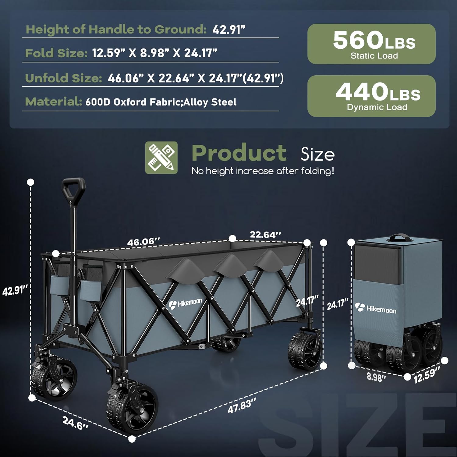 300L Extra Large Wagons Carts Foldable, 560LBS Heavy Duty Collapsible Beach Wagon 48" Long with Big All-Terrain Wheels, Utility Folding Cart for Camping, Grocery, Sports, Garden, Blue & Grey
