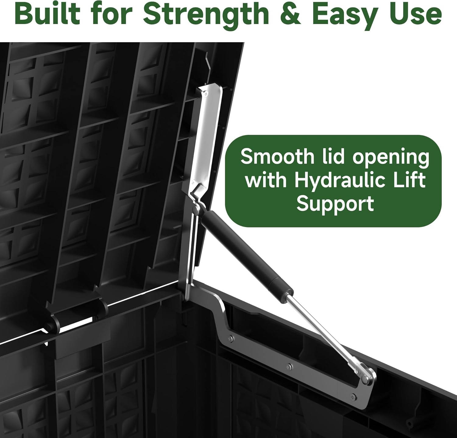 100 Gallon Outdoor Storage Box Waterproof, UV Resistant Resin Deck Box with Hydraulic Rod, Reinforced Stability for Patio, Garden, Quad Leaf Black