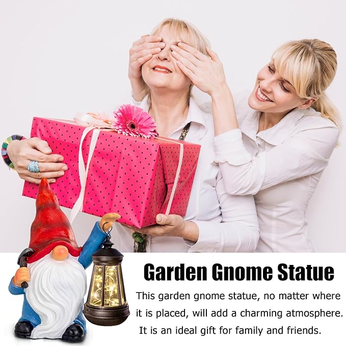 Garden Gnome Statue Solar Light Outdoor Decorations Figurine with Lantern Led Shovel Sculpture Lawn Patio Yard Porch Outside Christmas Housewarming Gifts for Women Mom Grandma