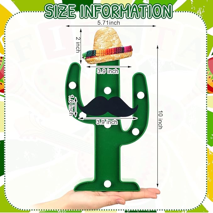 12 Pcs Cinco de Mayo LED Cactus Light with Mini Sombrero Straw Hats and Fake Beard Cinco De Mayo Table Decor Mexican Party Supplies for Table Room Bedroom Party Decoration (4.72 x 2.76 Inch)