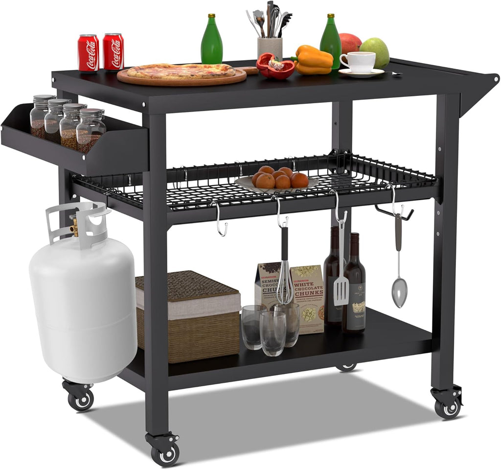 Spurgehom Grill Cart, Pizza Oven Stand Table with Wheels, Outdoor Movable Kitchen Cooking Prep Table BBQ Cart with Mesh Racks for Home Party, Bar, Camping