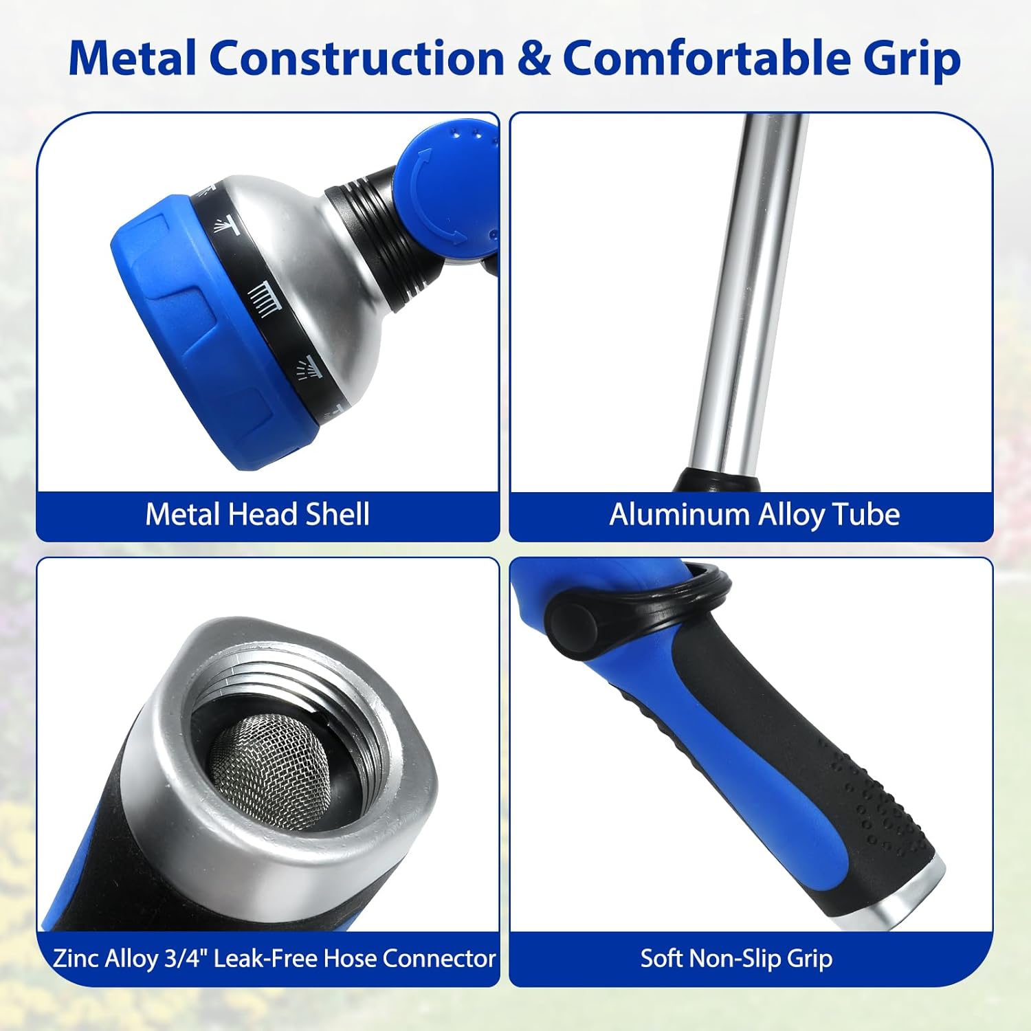 Telescoping Watering Wand for Garden Hose, 36”-54” Adjustable, 10 Spray Patterns, Heavy-Duty Hose Nozzle with Thumb Control & Pivoting Head, Ideal for Hanging Baskets and Shrubs, Blue