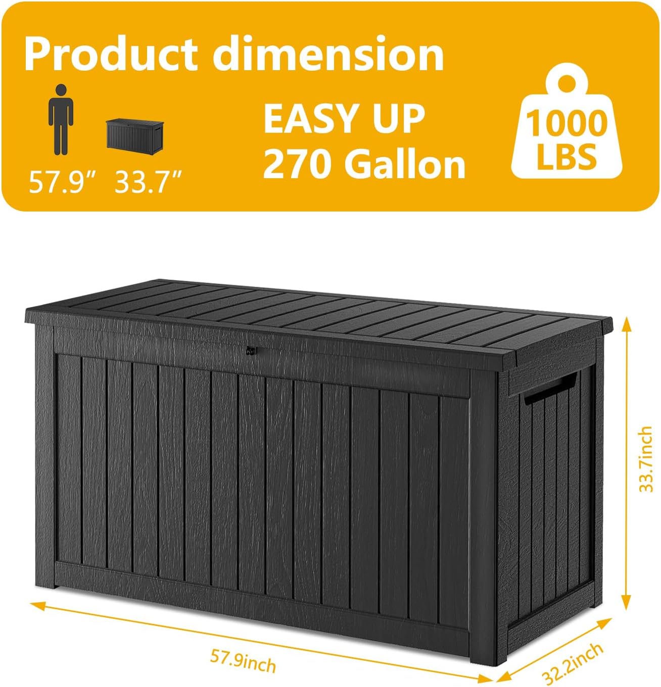 270 Gallon Deck Box, Resin Outdoor Indoor Waterproof Storage Box, Lockable Storage Box With Handle for Patio Furniture - Garden Tools - Swimming Pool Tools UV-Resistant - Black