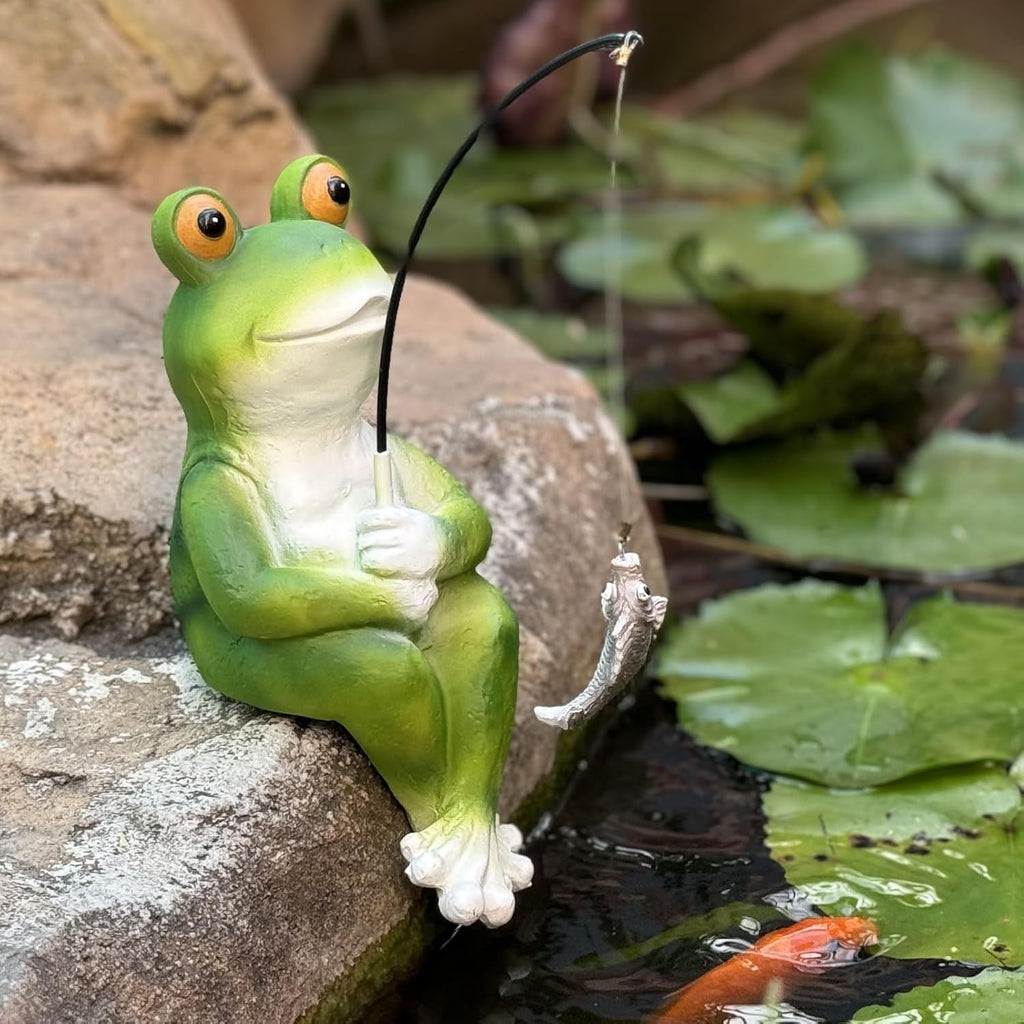Frog Decoration for Yard Outdoor Garden Decor 9.7 Inch Tall Fishing Frog Statue for Koi Pond, Waterfalls or Poolside Ornaments, Fisher Animals Pond Decor, Gift for Mom & Women