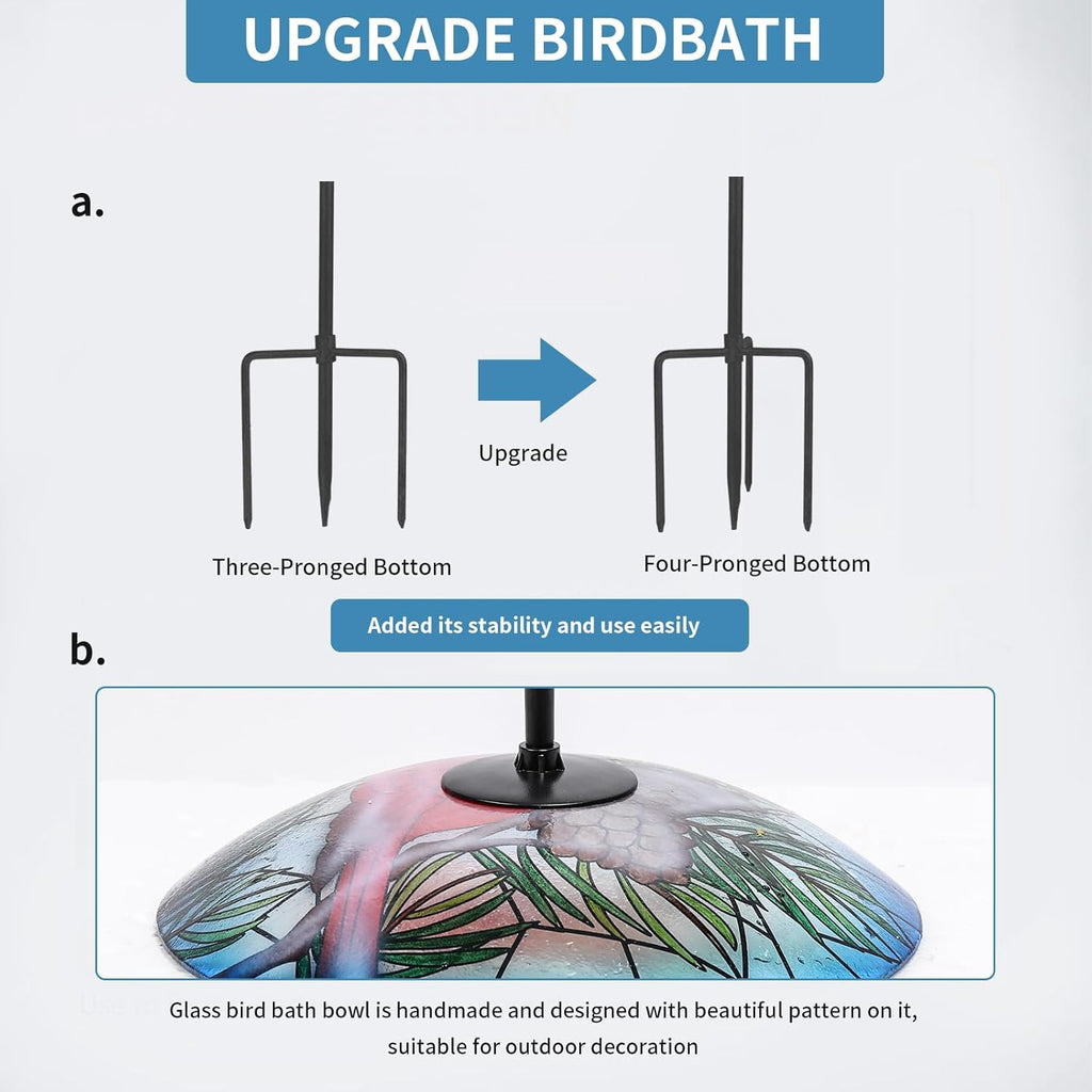 MUMTOP Glass Bird Bath, Garden Outdoor Birdbaths Birdfeeder with Metal Stake Red Cardinal