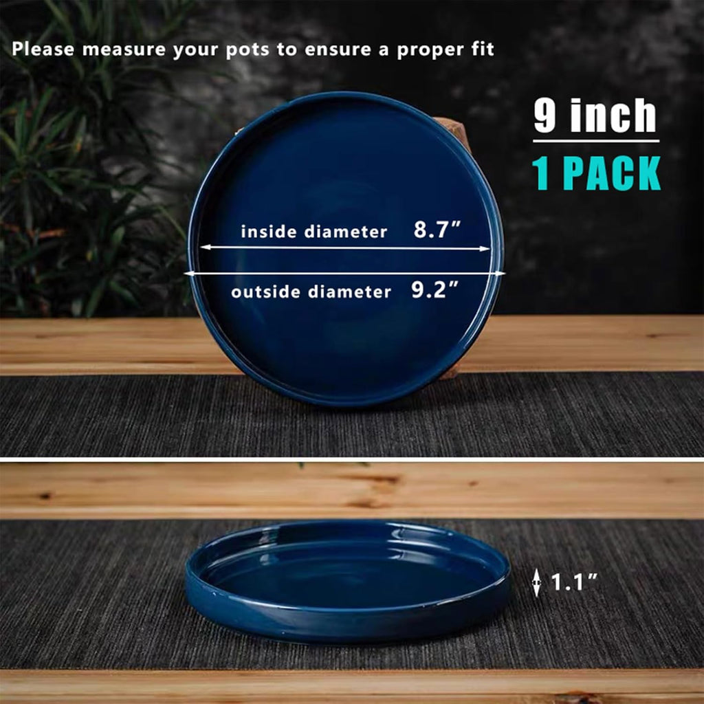 Ceramic Flower Pot Saucers, 9 Inch Plant Pot Saucers for Indoors Plants, Plant Trays for Pots Holding Water Drips and Soil, Drainage Tray for Plant Pot (Blue)
