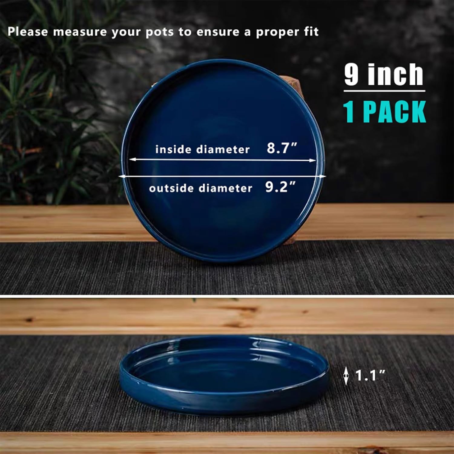 Ceramic Flower Pot Saucers, 9 Inch Plant Pot Saucers for Indoors Plants, Plant Trays for Pots Holding Water Drips and Soil, Drainage Tray for Plant Pot (Blue)