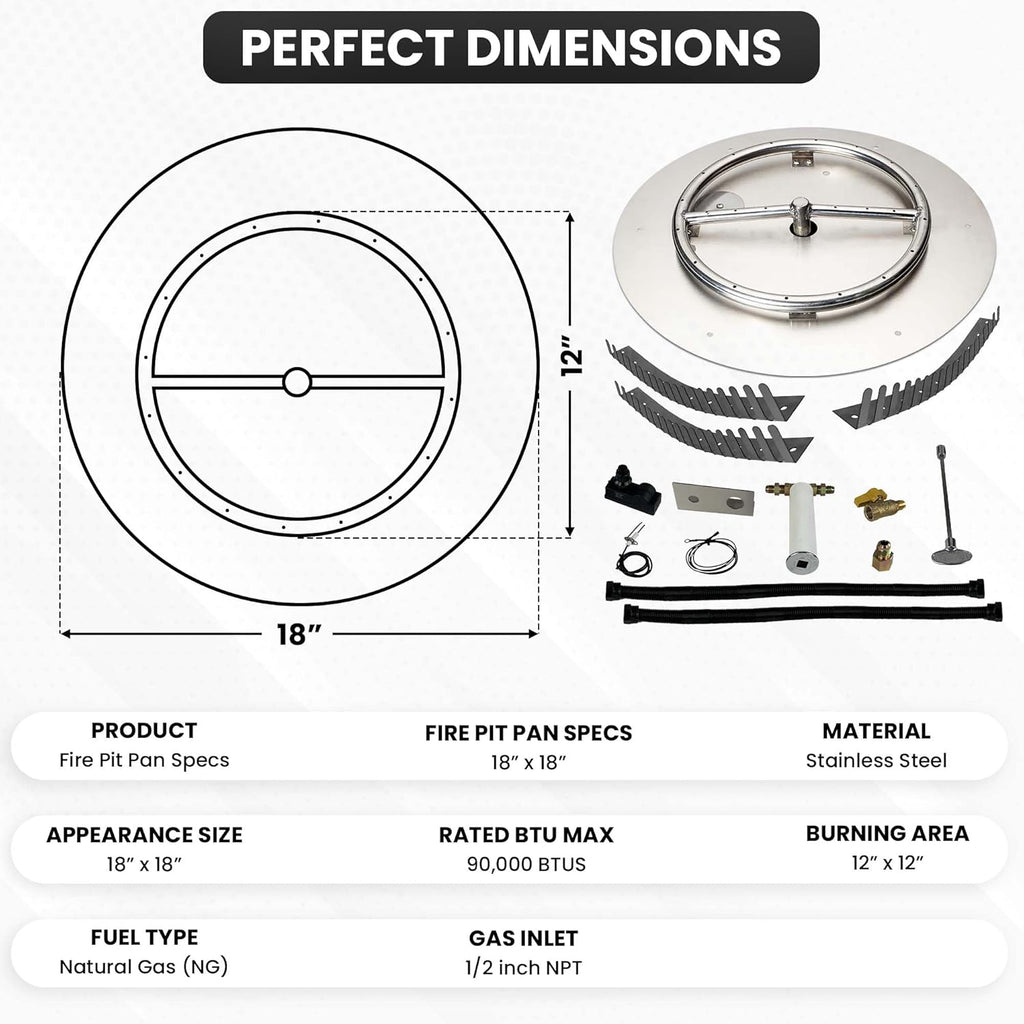 Stainless Steel Fire Pit Burner Pan & Ring Pro Kit for Natural Gas, 18-Inch Pan, 12-Inch Ring, 90,000 BTU Max