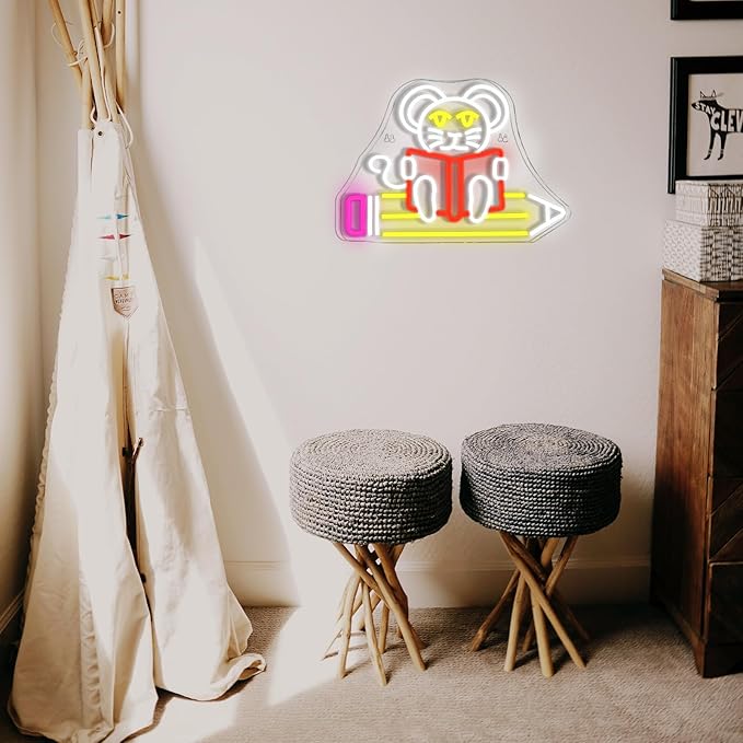 Pencil Mouse Neon Sign Mouse Book Reading Neon Lights for Wall Decor Dimmable Colorful Light Up Sign for Classroom Bookstore Library Bedroom Bookish Museum Teen Gifts (USB Powered 5V/2A)