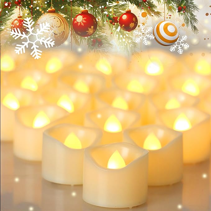 CANDLE CHOICE Battery Operated Flameless Tea Lights Realistic Flickering Long Lasting LED Votive Tealight Candles for Halloween Thanksgiving Christmas Wedding Decorations Battery Included 24 Pack