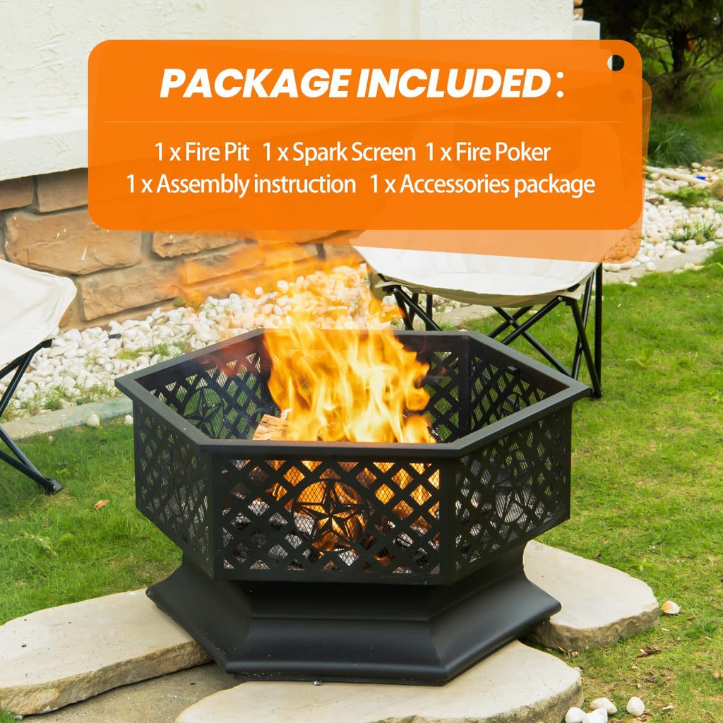 28 Inch Hexagonal Fire Pit,Wood Burning Firepits for Outside with Spark Screen&Poker,Metal Hex-Shaped Outdoor Fire Pit for Outside,Backyard,Bonfire,Patio,Garden,Picnic and Camping（Black）