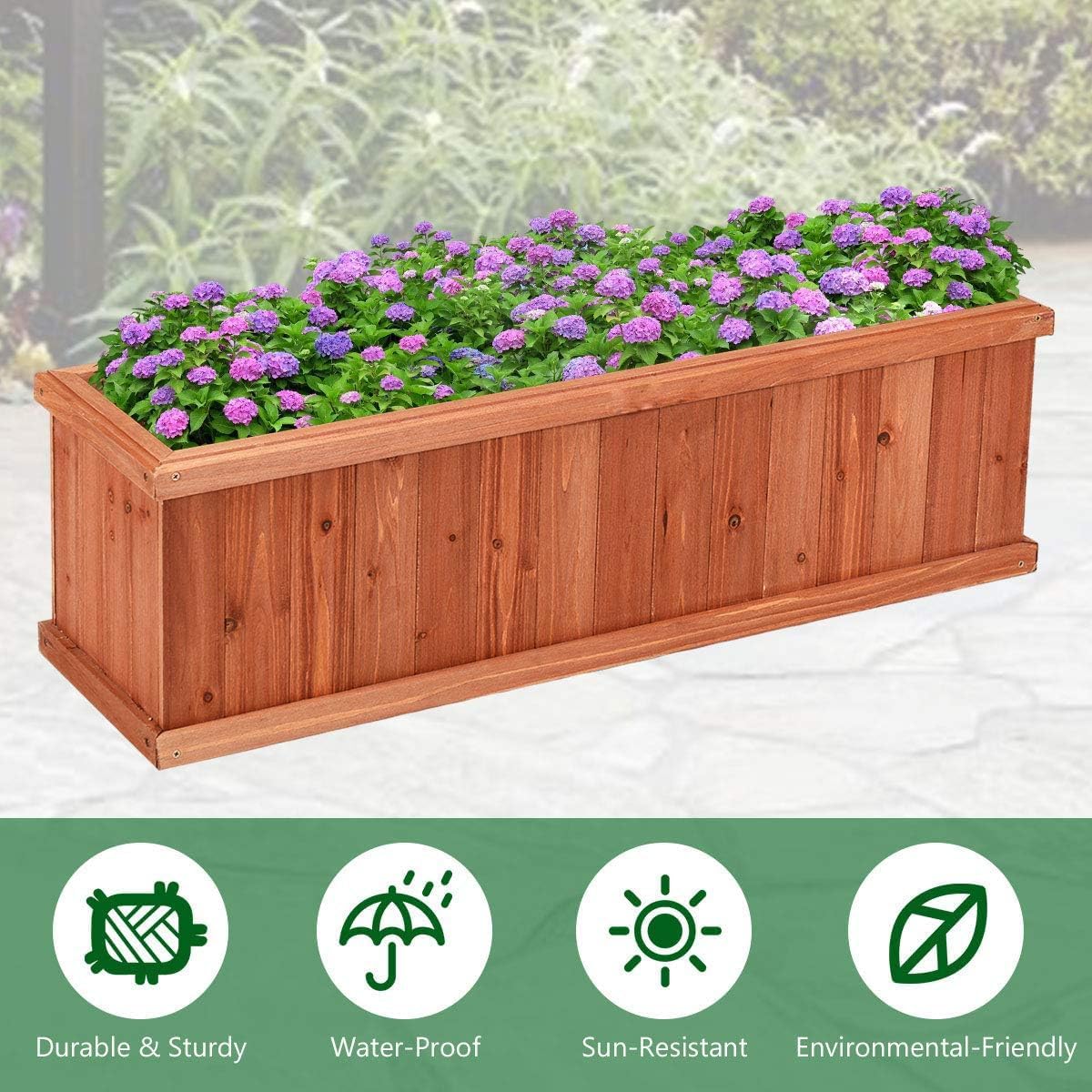 LDAILY Raised Garden Bed, Outdoor Rectangle Flower Beds with Detachable Bottom Panels & 2 Drainage Holes, Wood Planter Box for Flowers/Vegetables/Fruits in Backyard Patio (28" L x 9’’ W x 10’’ H)