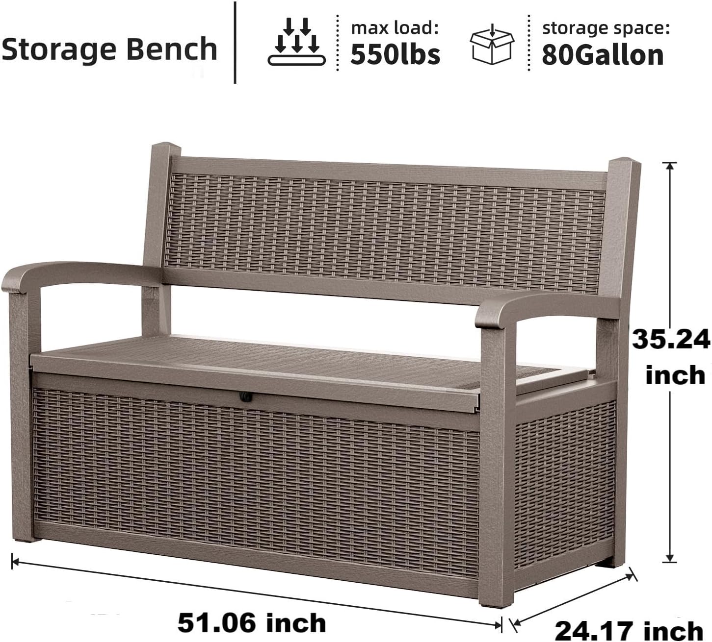 80 Gallon Outdoor Storage Bench Deck Box Waterproof Lockable,Outdoor Storage Furniture for Patio,Garden and Cushions(Gray)