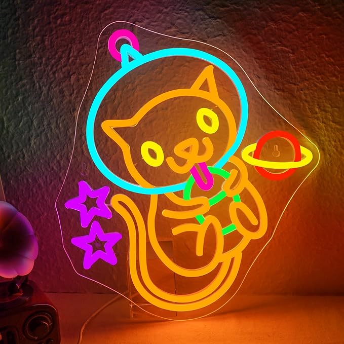 Astronaut Boba Tea Cat Neon Sign Cat Neon Lights for Wall Decor Cute Kitty with Stars Asteroids Anime Led Light Sign for Kids Bedroom Dimsum Store Cofes Bar Milk Tea Shop