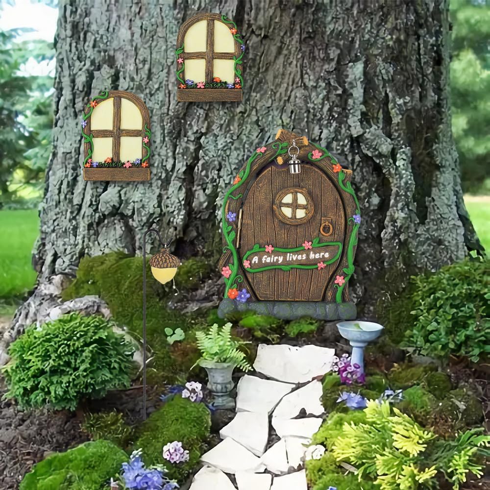MEETYAMOR Miniature Fairy Garden Accessories, 4 PCS Opening Fairy Door and Windows with Light for Trees, Glow in The Dark Yard Art Outdoor Statues Fairy House Kit Garden Decor for Outside