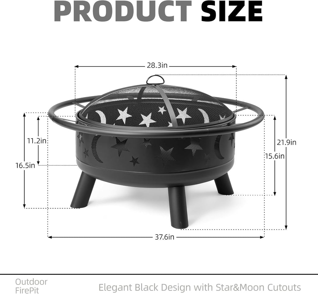 Grovelli 38" Round Wood Burning Fire Pit with Mesh Cover, Fire Poker, Star & Moon Cutouts, Metal Outdoor Firepit for Patio, Backyard, Garden, Bonfire, Camping, Christmas, Thanksgiving, Halloween