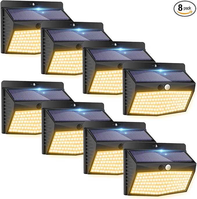 [138 LED/8 Packs] Solar Motion Sensor Lights Outdoor Waterproof with 3 Lighting Modes Solar Wall Lights Solar Security Powered Lights for Garden Fence Yard Deck Garage, Warm White