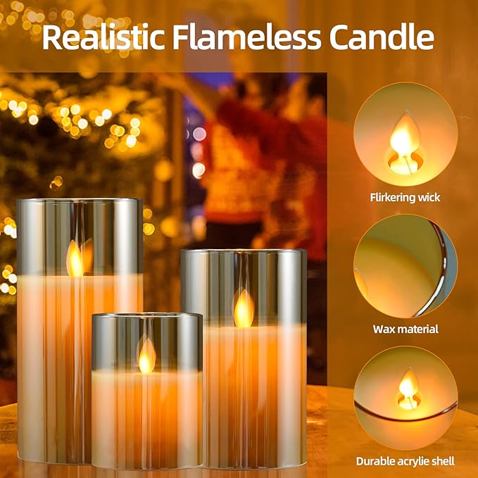 JOSU Flameless Candles 4" 5" 6" Set of 3 Outdoor Indoor Fake Pillars Gold Glass LED Battery Operated Candles Include 10-Key Remote Timer for Wedding Party Halloween Christmas Thanksgiving Fall Diwali