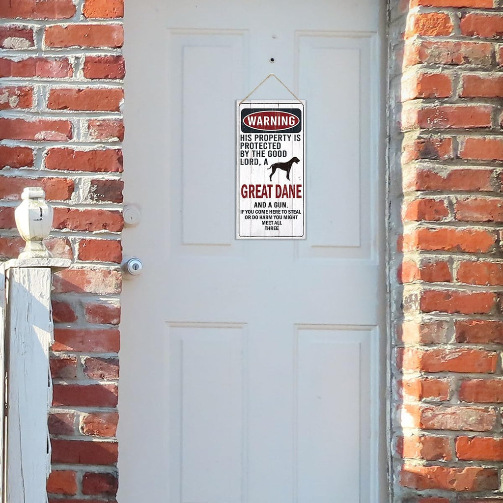 Warning Sign, This Property Is Protected By The Goodlord, A Great Dane And A Gun Warning Wood Plaque Sign, Funny Door Signs, Decorative Wood Hanging Suspension Plaque, Farmhouse Wooden Wall Decor