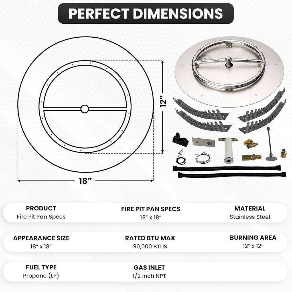 Stainless Steel Fire Pit Burner Pan & Ring Pro Kit for Liquid Propane, 18-Inch Pan, 12-Inch Ring, 90,000 BTU Max