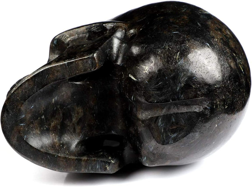 Skullis 5.0" Russian Arfvedsonite Crystal Skull, Hand Carved Gemstone Fine Art Sculpture, Reiki Healing Stone Statue.