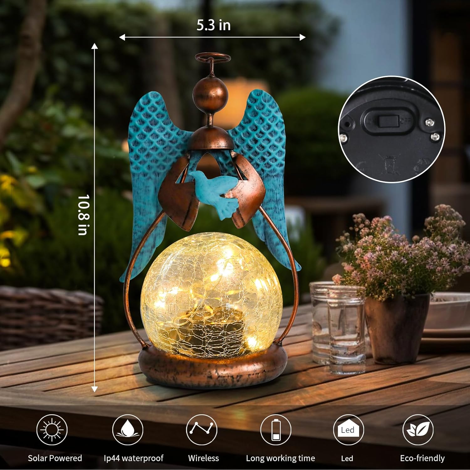 MUMTOP Angel Solar Lights Outdoor Garden - Solar Lanterns Light Decorative Waterproof with Glass Cracked Globe Tabletop Lantern Lamp Ornaments for Yard Patio Decor Gift (Hold Dove)