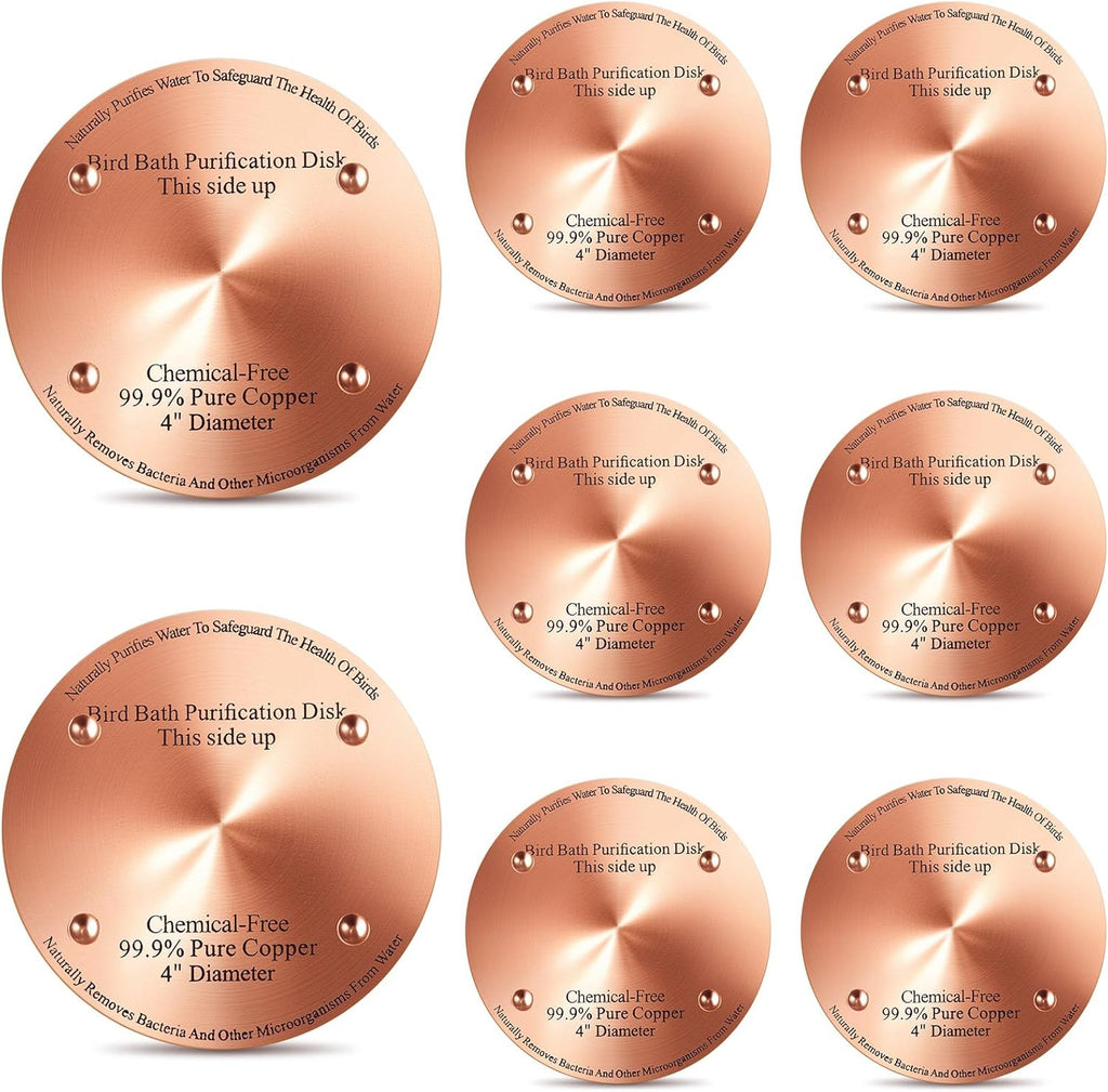 8 Pcs Bird Bath Copper Disk, 0.6mm Thick Reinforced 99.99% Pure Copper Birdbath Purification Disk, with 4 Point Support for Outdoor Birdbaths Bowls Cleaner, 4 Inch (Classic)