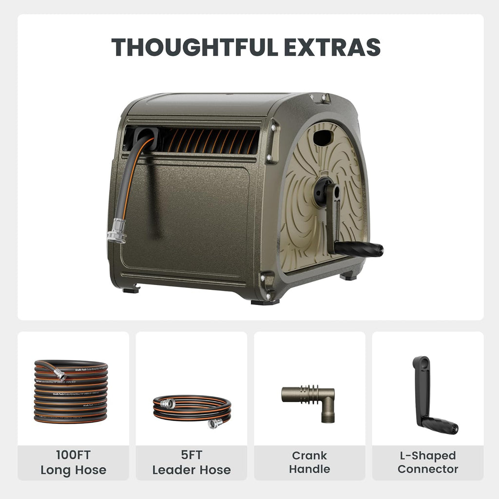 Giraffe Tools SW5-100ft Metal Hose Reel Box, 100 ft Rubber Hose Garden Hose Storage Heavy Duty Reel Hideaway, Crank Handle, 100ft 5/8" Hose, Green