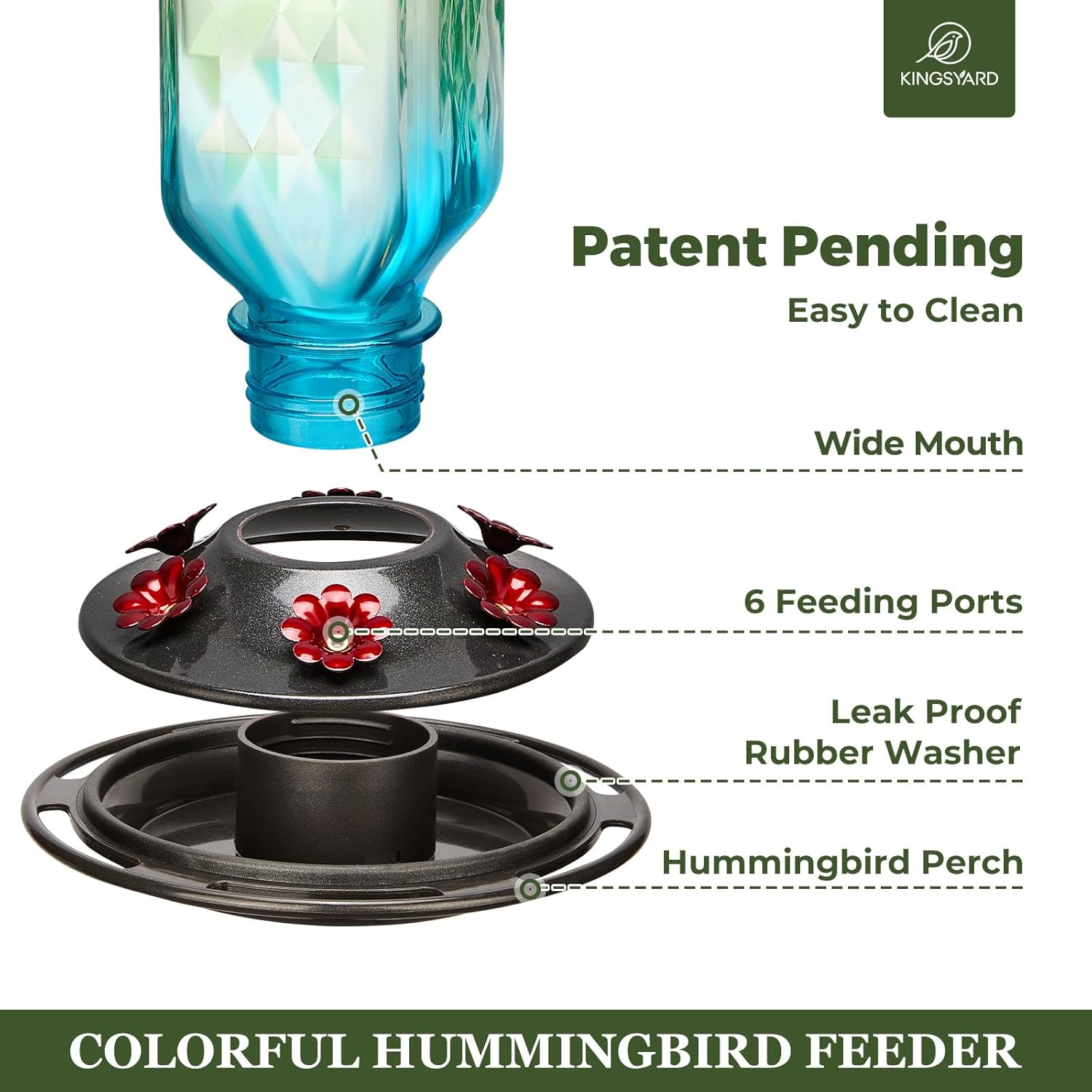Kingsyard Glass Hummingbird Feeder for Outdoor Hanging, 24 Ounces, 6 Feeding Ports, Bird Nectar Feeder for Garden Décor, Ant Moat Included, Green & Blue