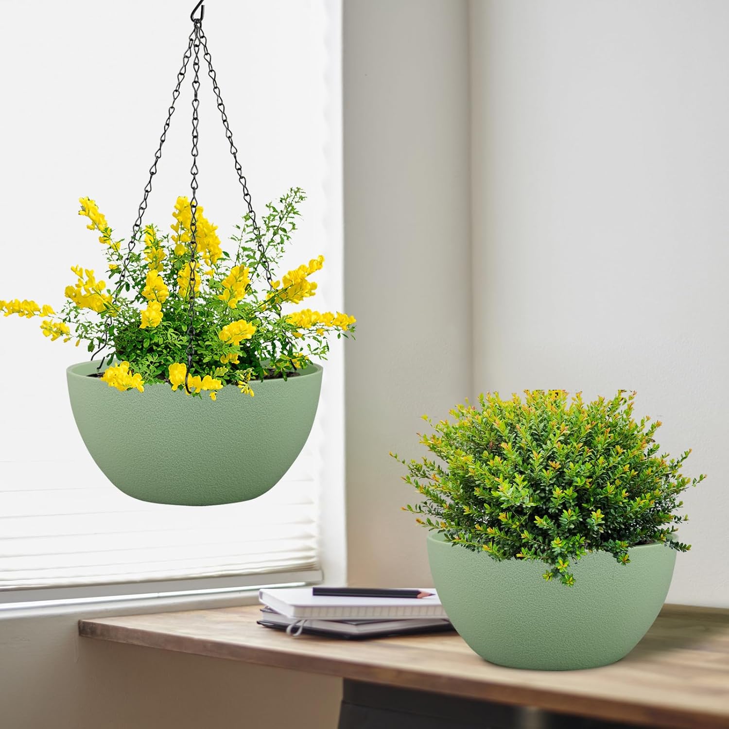 12 inch Large Hanging Planters Plant Pots for Indoor Outdoor Plants, 2 Pack Hanging Flower Pots with Drainage Holes and Chain for Garden Porch, Plastic Hanging Baskets for House Plants, Green