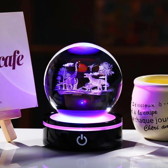 YWHL 3D Dinosaur Figurine Crystal Ball with Colorful Light Base, Dinosaur Gifts for Women Men on Christmas Birthday, 3D Laser Engraved Dinosaur Full Sphere Glass Decorative Ball for Home Office (80mm)