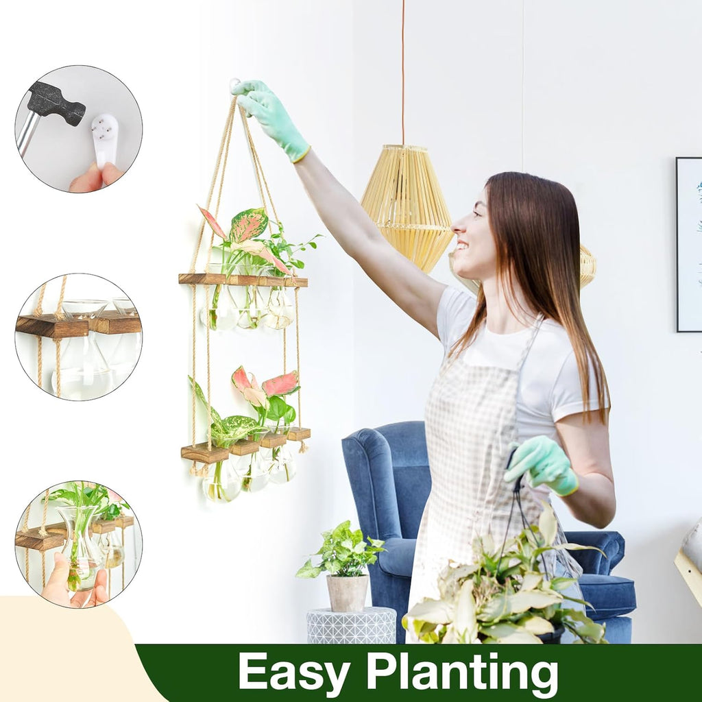 XXXFLOWER Wall Hanging Propagation Station with Wooden Stand 3 Bulb Vase 2 Tiered Planters Wall Terrarium for Home Office Plant Hanger Flower Vases Wall Decor(Brown)
