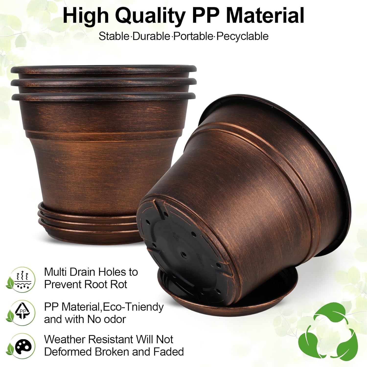 10 Inch Planters Plant Pots Indoor Outdoor, 4 Pack Plastic Flower Pot for Indoor Plants with Drainage Holes & Trays, Resin Decorative Container Sets with Saucer for House Garden Copper