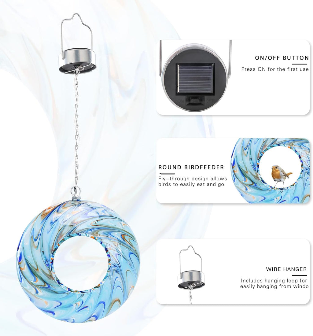 VCUTEKA Bird Feeder Solar Fly Through Bird Feeders for Outside Hanging with Round Shape Glass Container to Attract Wild Birds for Garden Decor, Solar Birdfeeder as Gift for Lovers, Light Blue 8-Inch